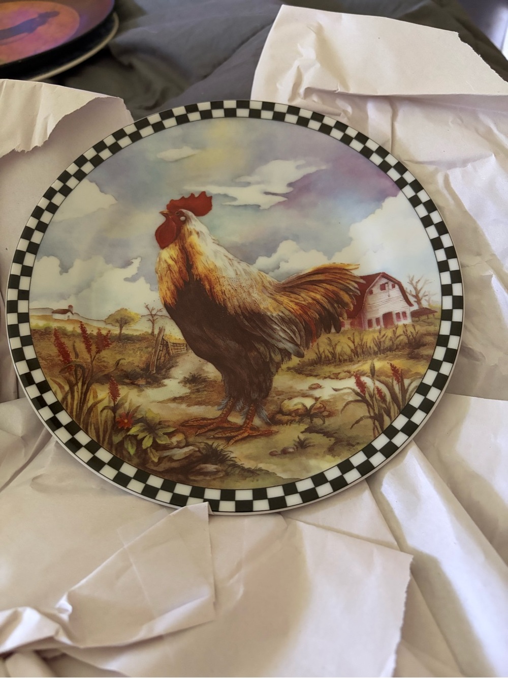 Decorative Rooster Charger Plate with Country Farm Scene